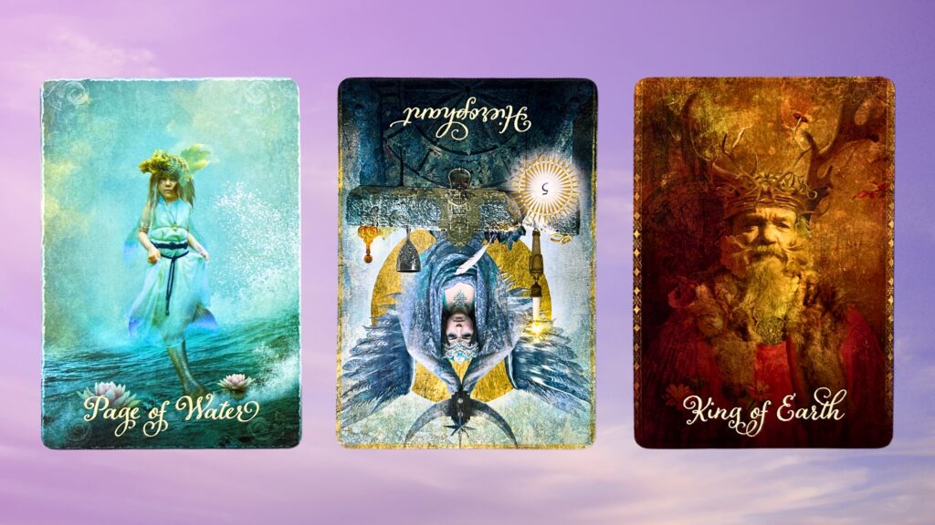 Cards from the Good Tarot deck: Page of Water, the Hierophant, and King of Earth