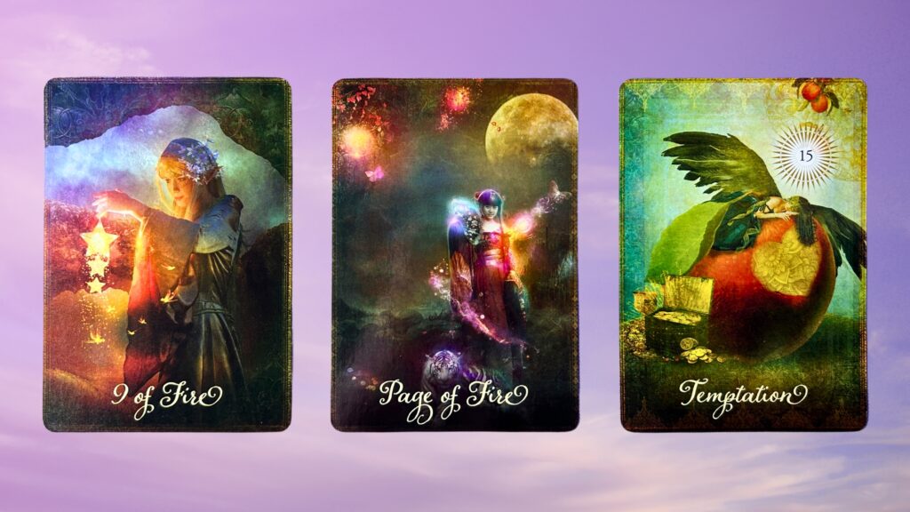 Cards from the Good Tarot deck: Nine of Fire, Page of Fire, and the Temptation card