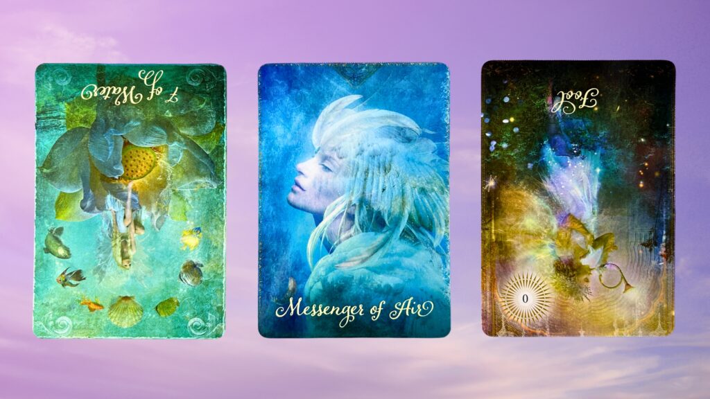 Cards from the Good Tarot deck: Seven of Water, Messenger of Air, and the Fool card