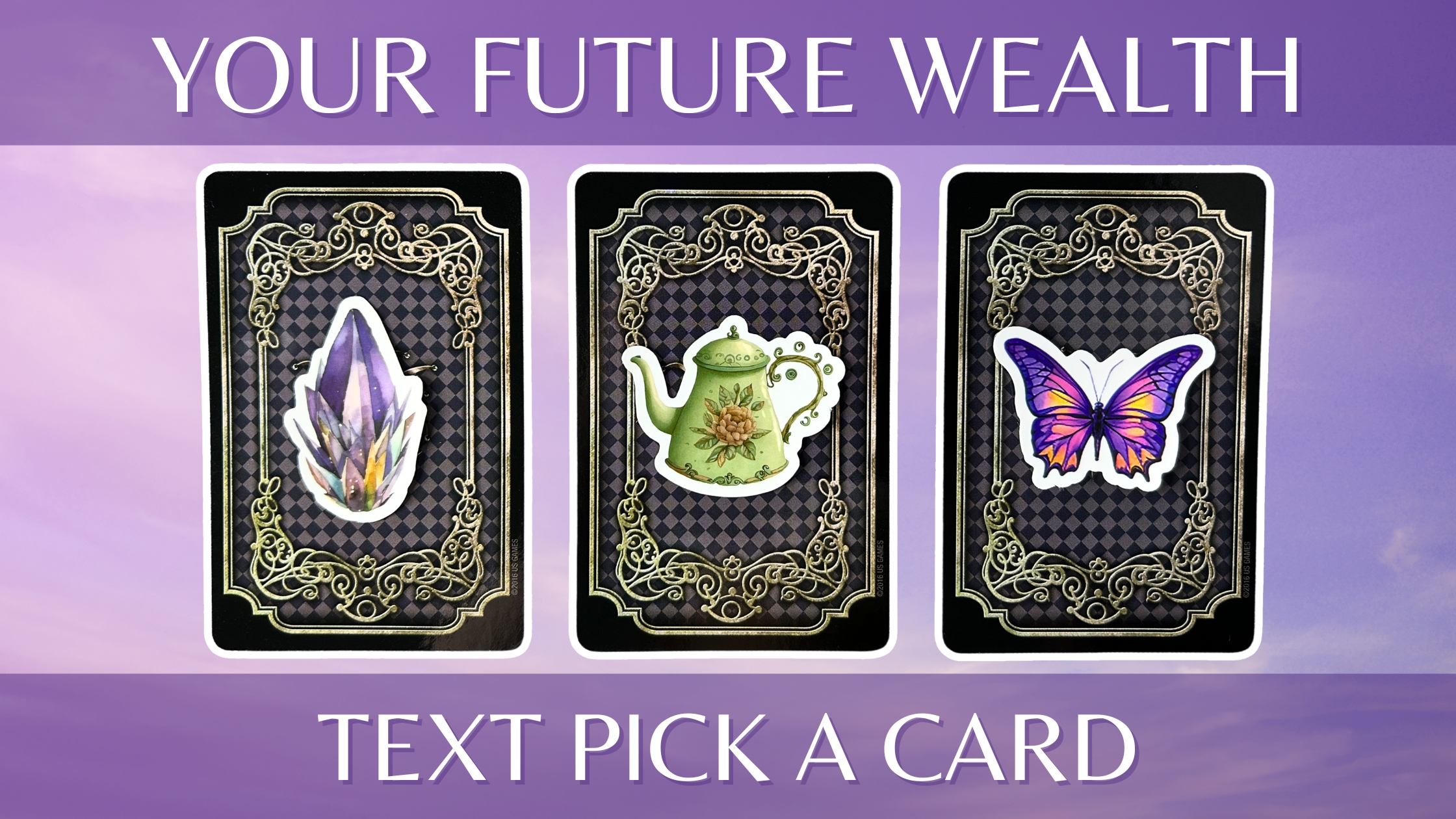 Three oracle pick a card piles: pile 1 - crystal, pile 2 - teapot, and pile 3 - butterfly