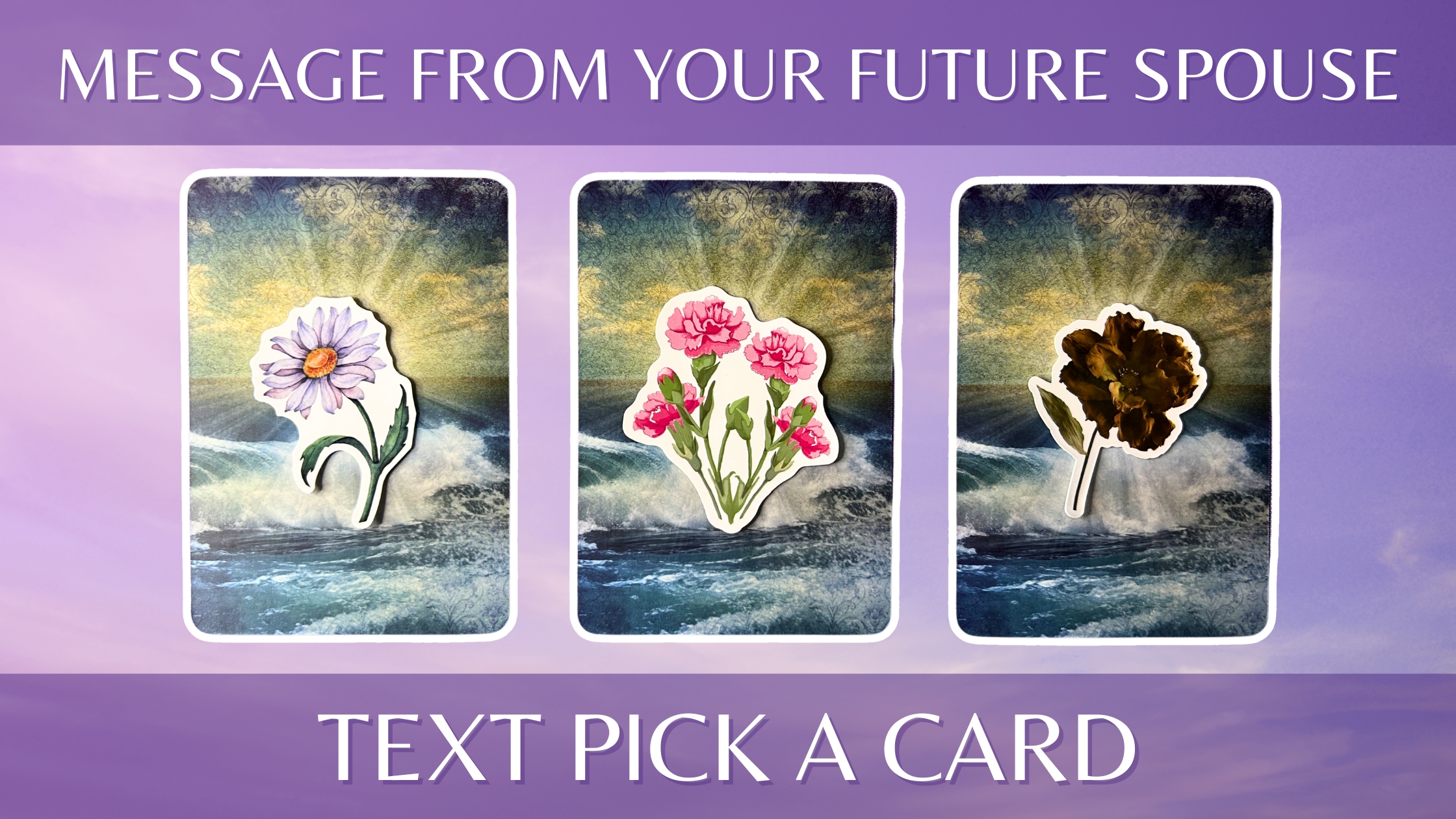 Three oracle pick a card piles: pile 1 - white flower, pile 2 - pink flowers, and pile 3 - brown flower