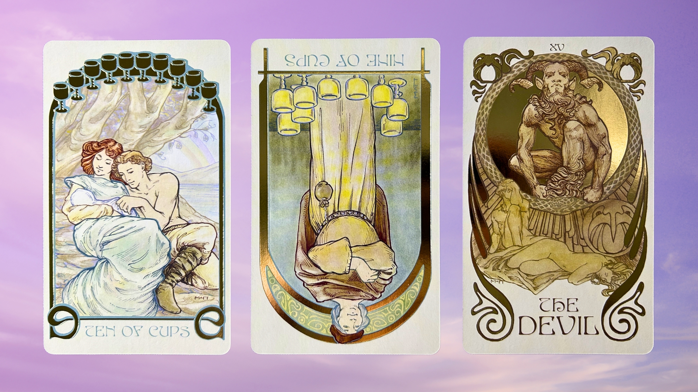 Cards from the Ethereal Visions Illuminated Tarot deck: Ten of Cups, Nine of Cups, and The Devil