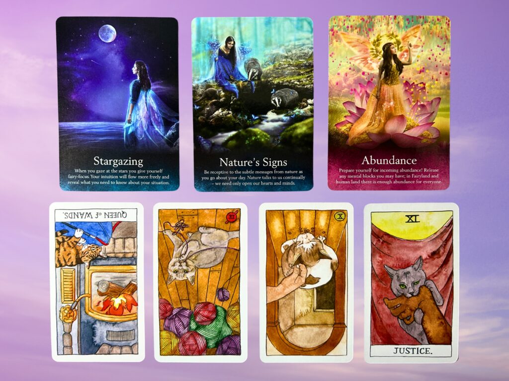 Cards from the Oracle of the Fairies and the Cat Tarot decks