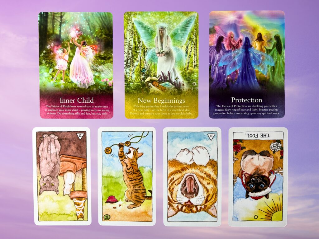 Cards from the Oracle of the Fairies and the Cat Tarot decks