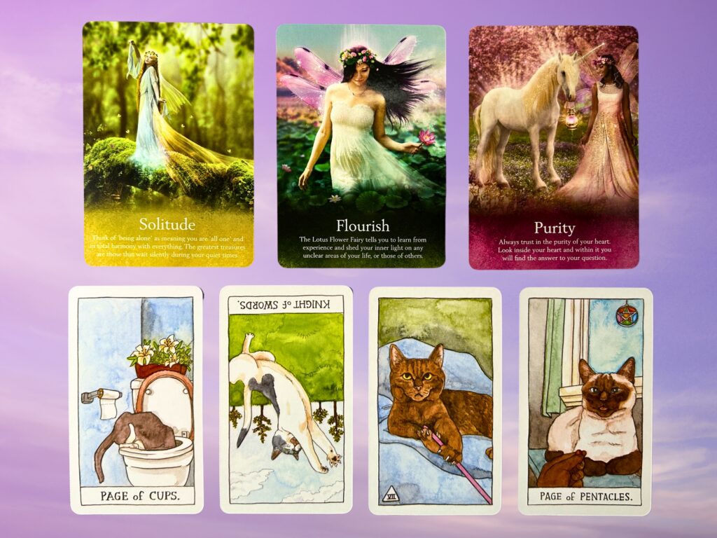 Cards from the Oracle of the Fairies and the Cat Tarot decks