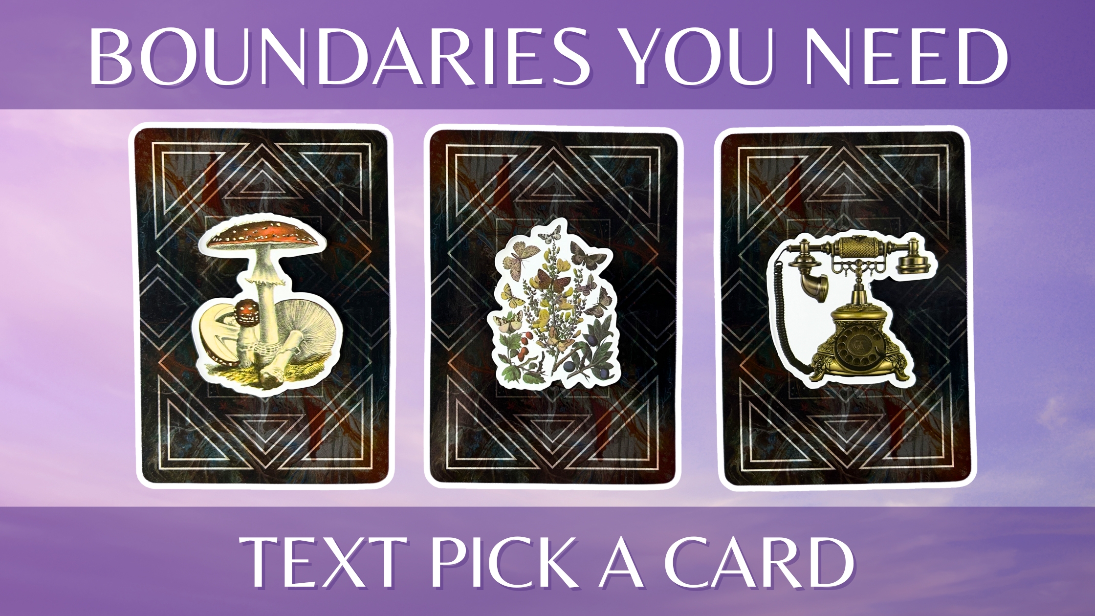 Three oracle pick a card piles: pile 1 - mushroom, pile 2 - butterflies, and pile 3 - phone