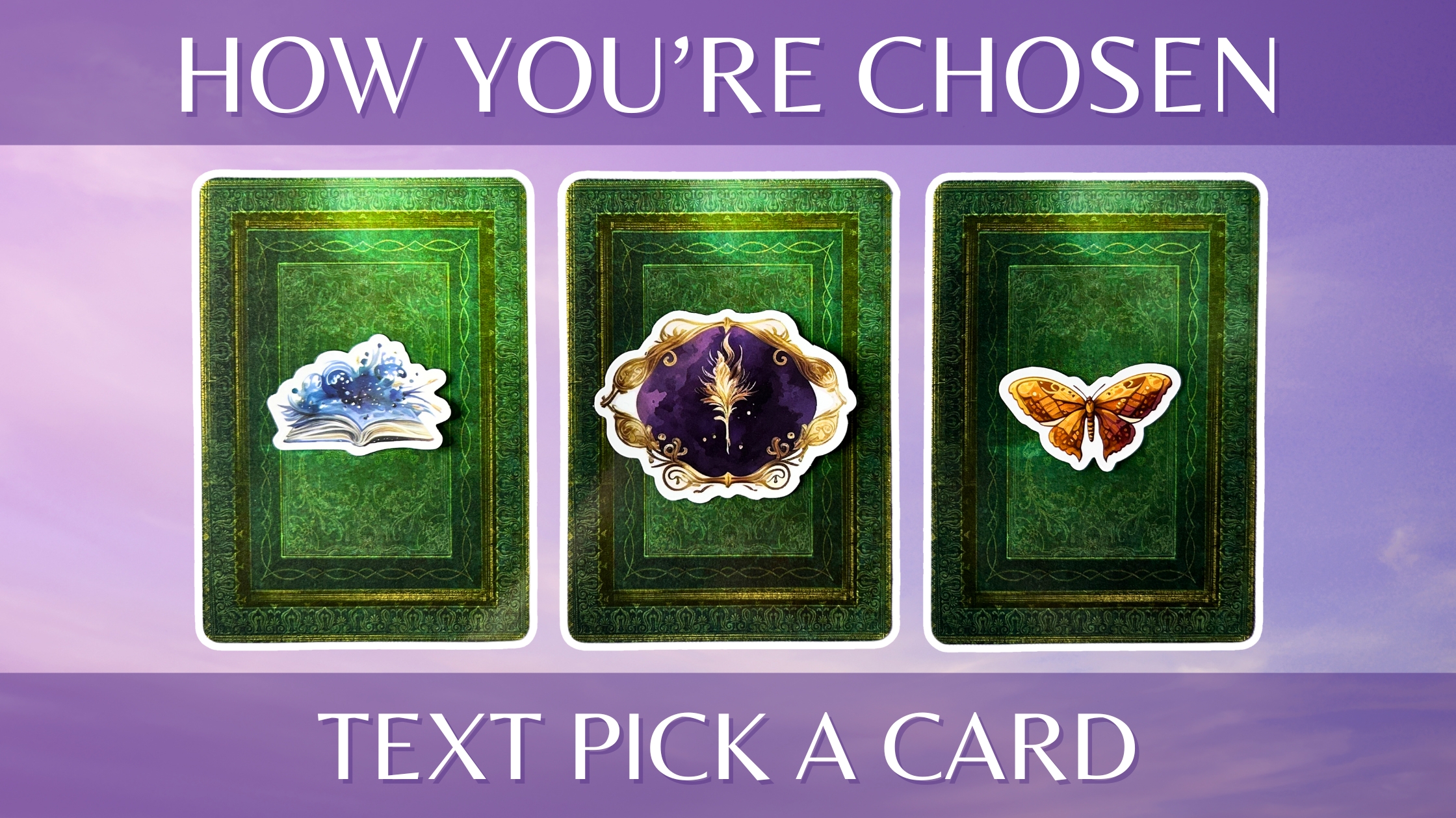 Three tarot pick a card piles: pile 1 - book, pile 2 - brooch, and pile 3 - butterfly