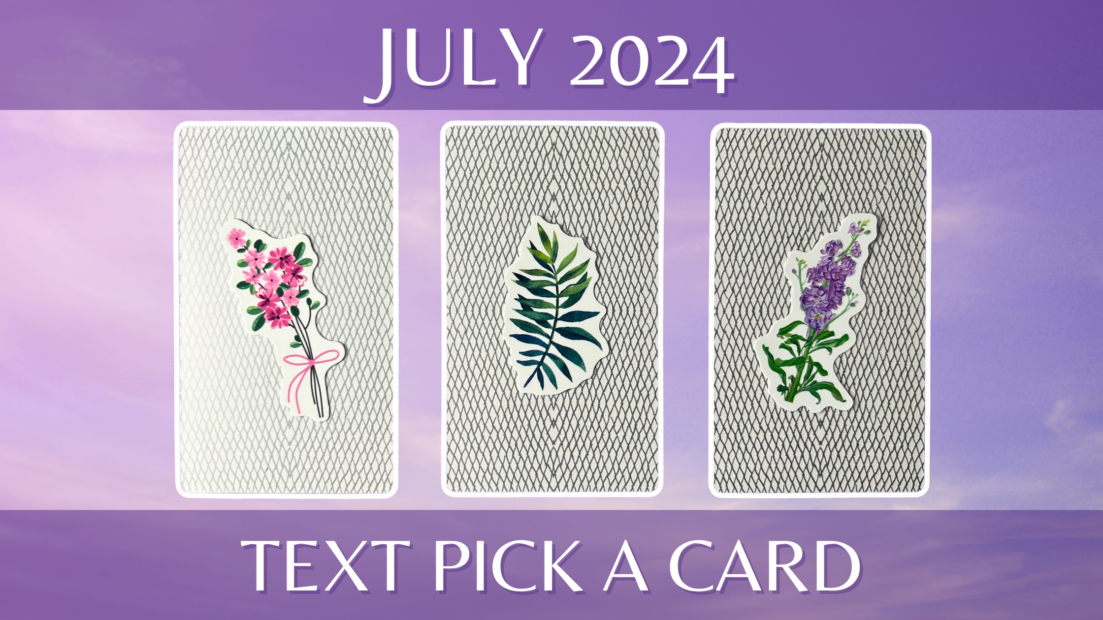 Three tarot pick a card piles: pile 1 - pink flowers, pile 2 - green plant, and pile 3 - purple flowers