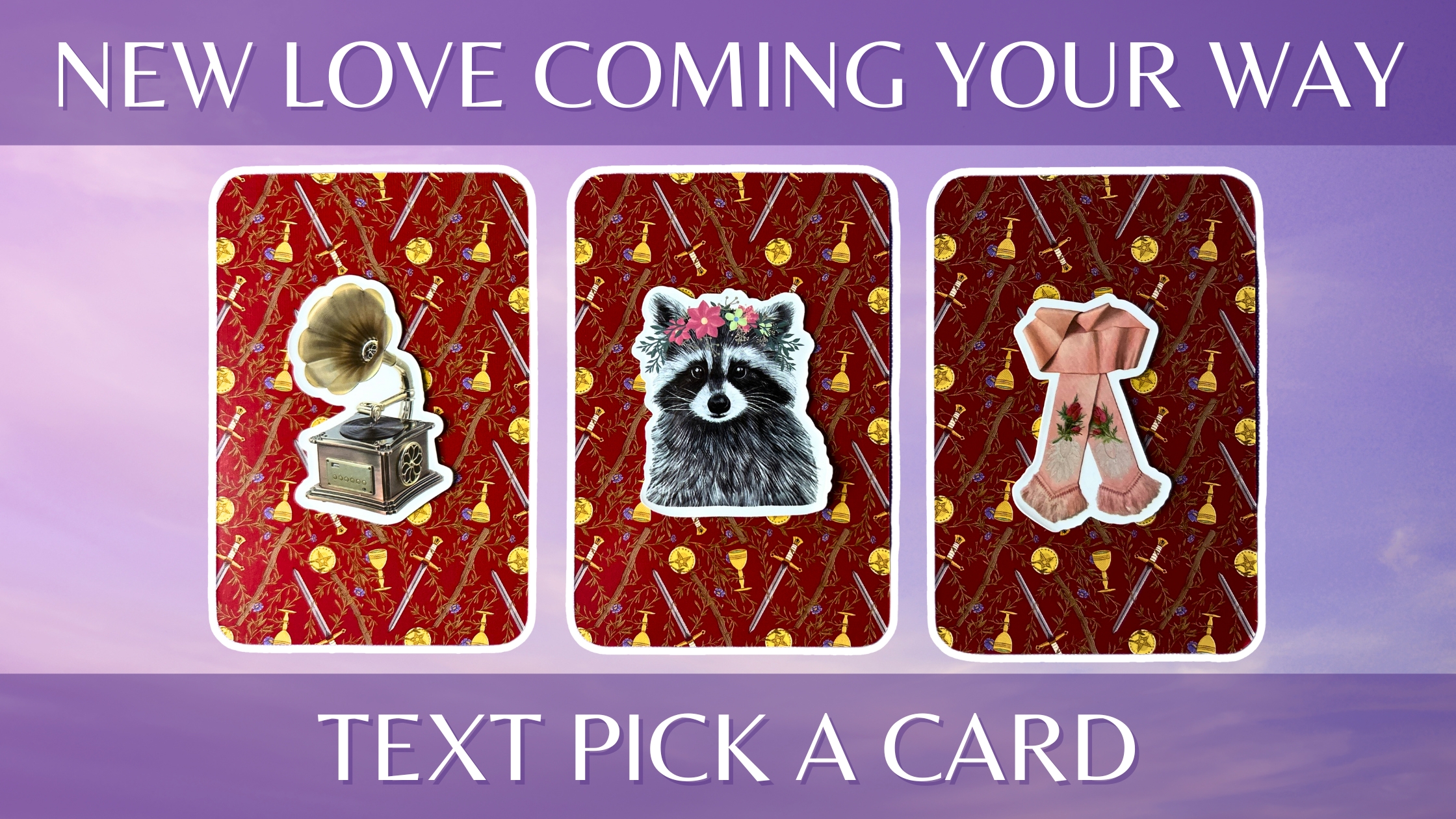 Three tarot pick a card piles: pile 1 - gramophone, pile 2 - raccoon, and pile 3 - scarf