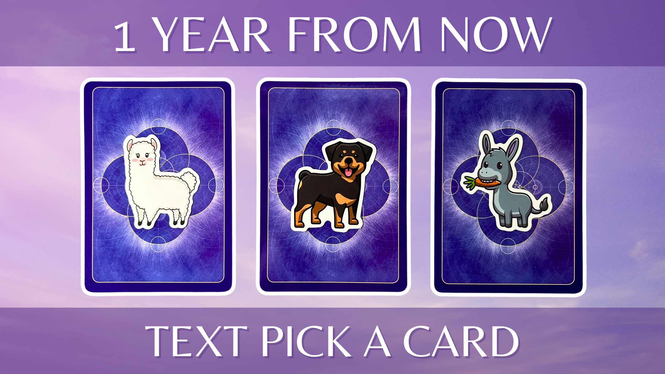 Three oracle pick a card piles: pile 1 - alpaca, pile 2 - rottweiler, and pile 3 - donkey