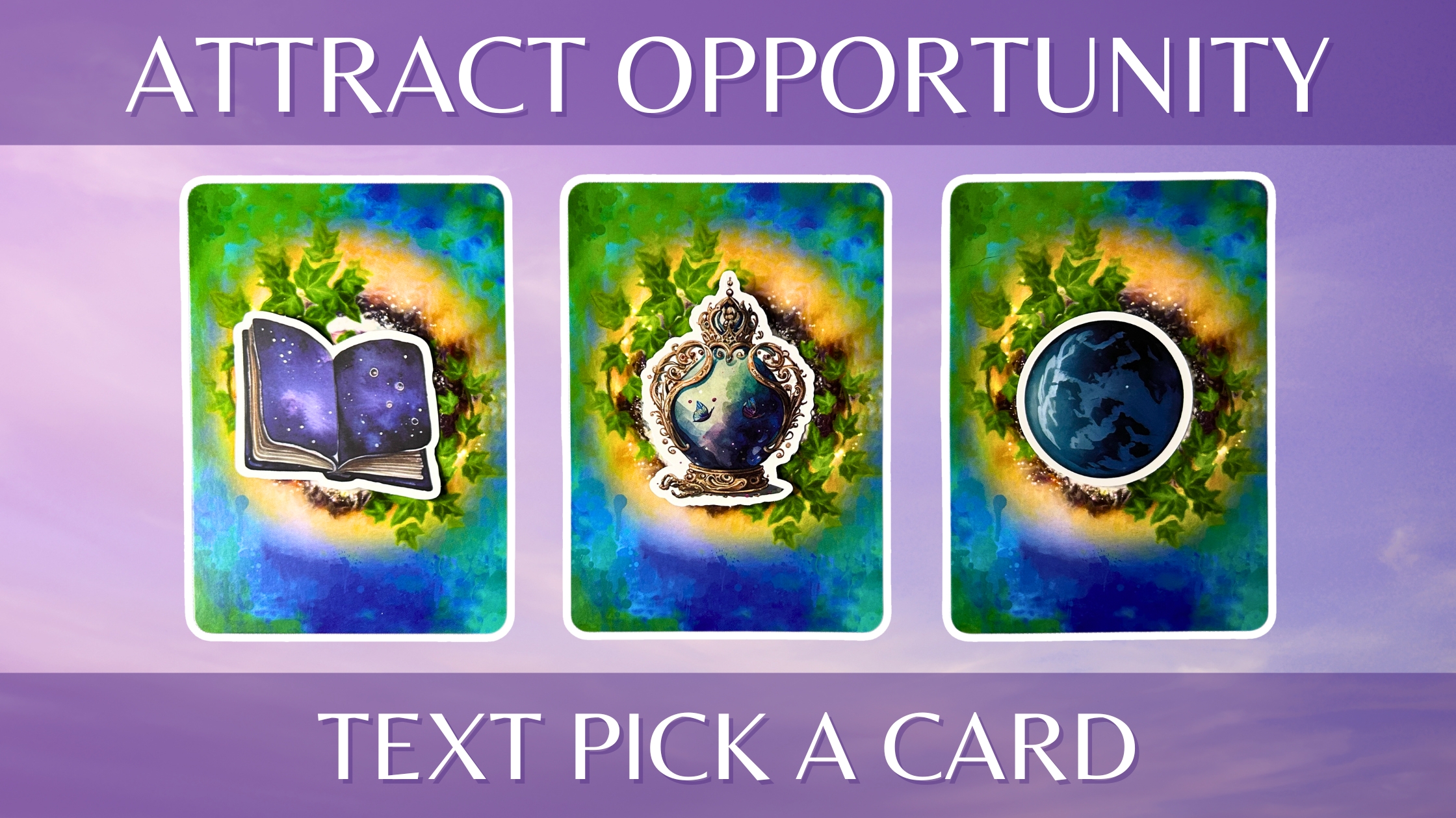 Three oracle pick a card piles: pile 1 - book, pile 2 - vial, and pile 3 - planet