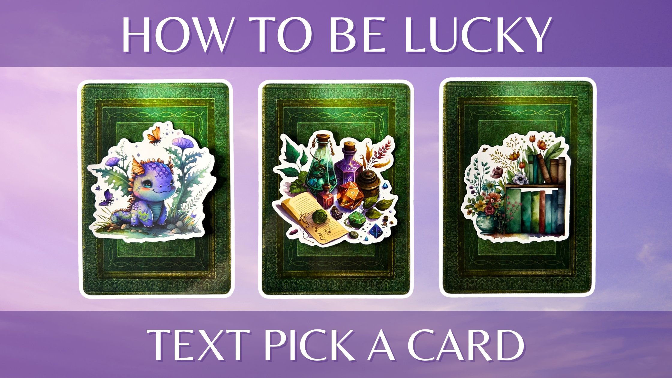 Three tarot pick a card piles from the Good Tarot: pile 1 - dragon, pile 2 - potions, and pile 3 - library