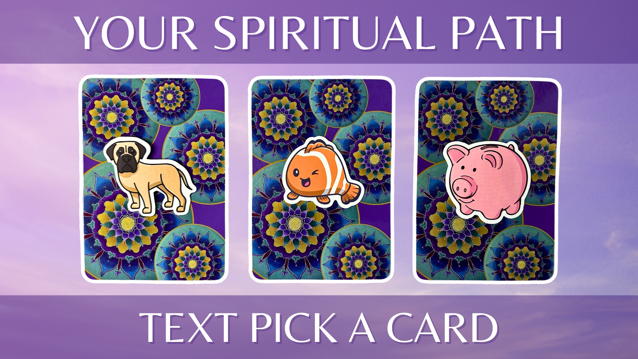 Three oracle pick a card piles: pile 1 - dog, pile 2 - fish, and pile 3 - pig