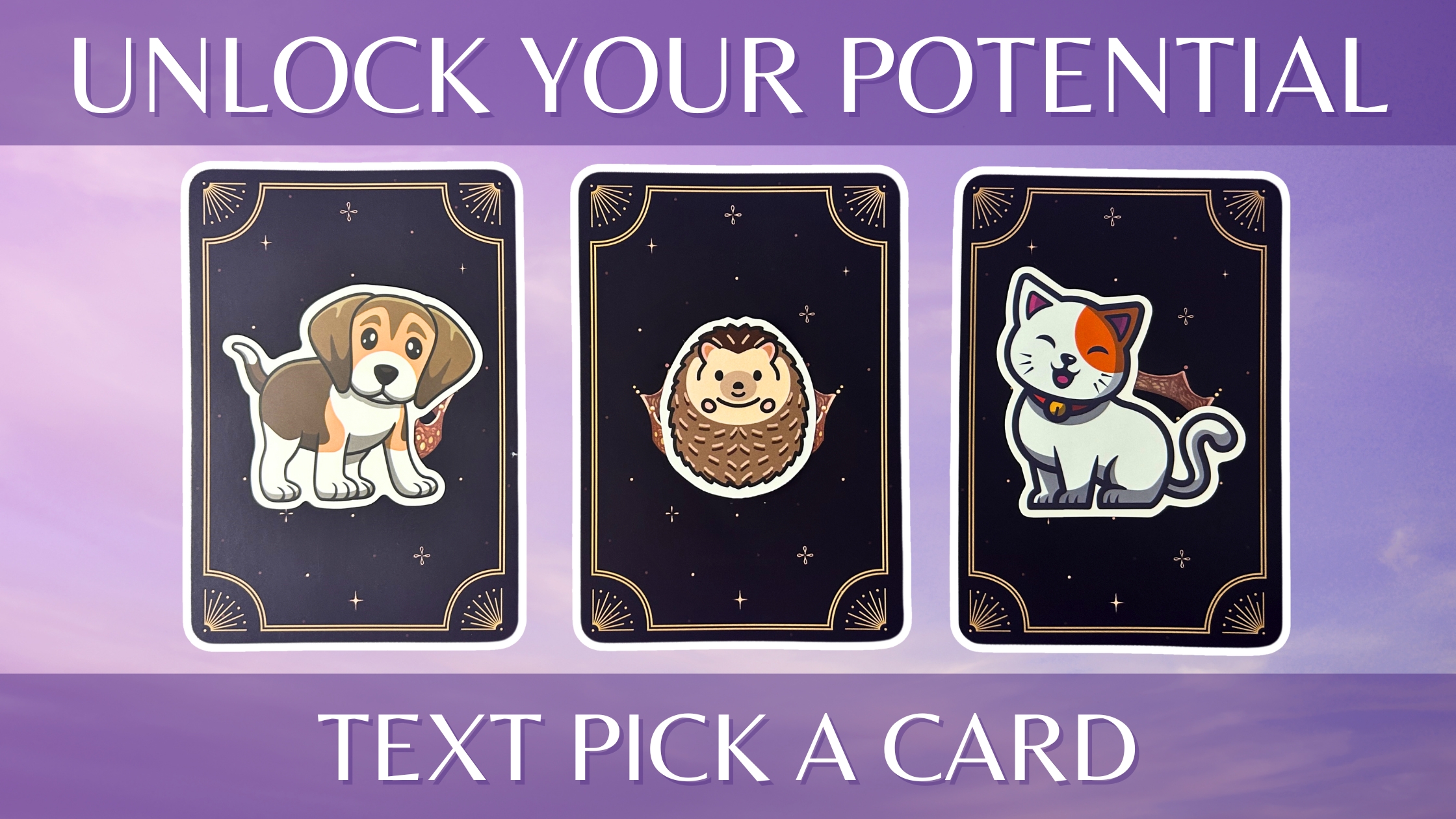 Three oracle pick a card piles: pile 1 - dog, pile 2 - hedgehog, and pile 3 - cat