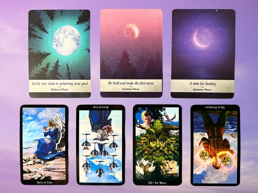 Cards from the Moonology Oracle and the Witches Tarot decks