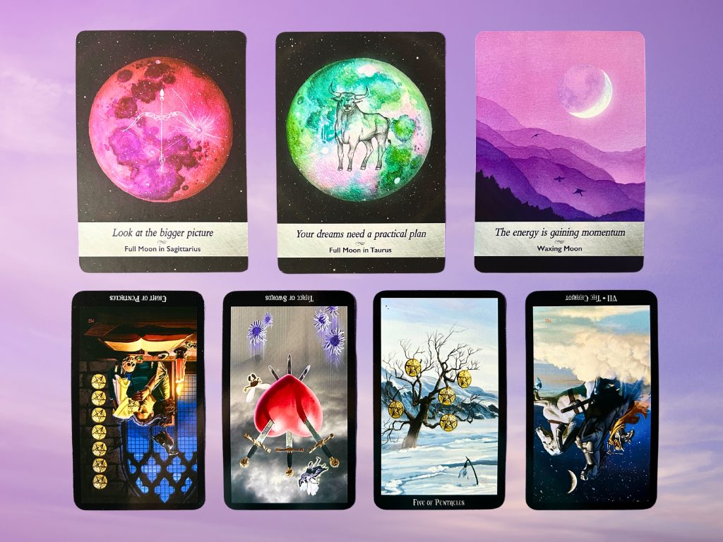 Cards from the Moonology Oracle and the Witches Tarot decks