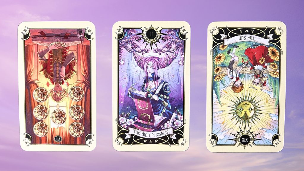 Three cards from the Mystical Manga Tarot: pile 1 - seven of coins, pile 2 - the high priestess, and pile 3 - the sun