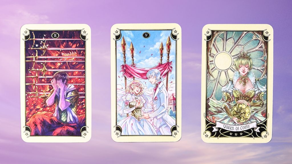 Cards from the Mystical Manga Tarot deck: nine of swords, four of wands, and queen of coins