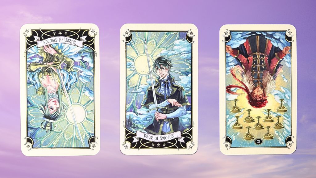 Cards from the Mystical Manga Tarot: queen of swords, page of swords, and nine of cups