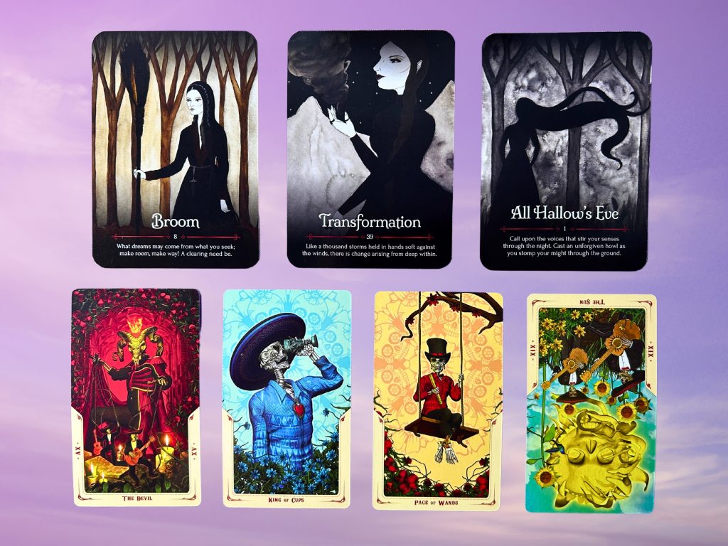 Cards from the Seasons of the Witch: Samhain Oracle and the Santa Muerte Tarot deck