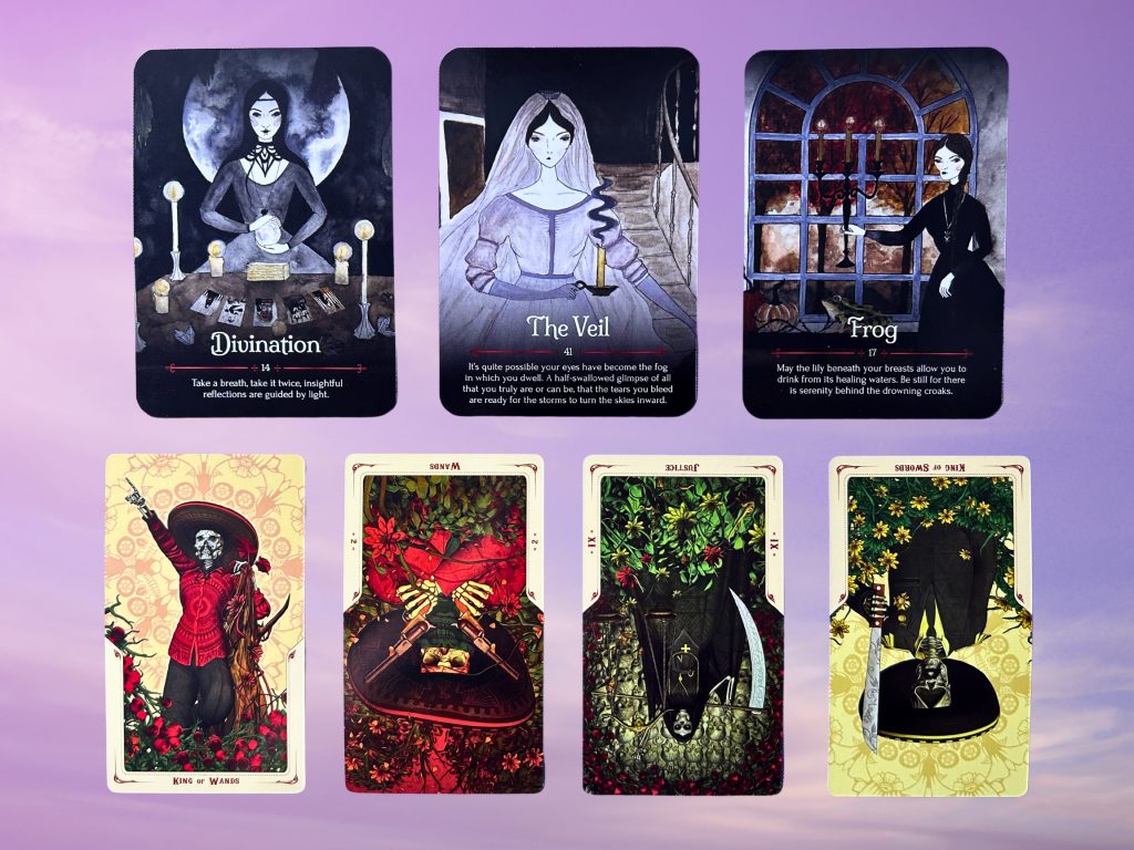 Cards from the Seasons of the Witch: Samhain Oracle and the Santa Muerte Tarot deck