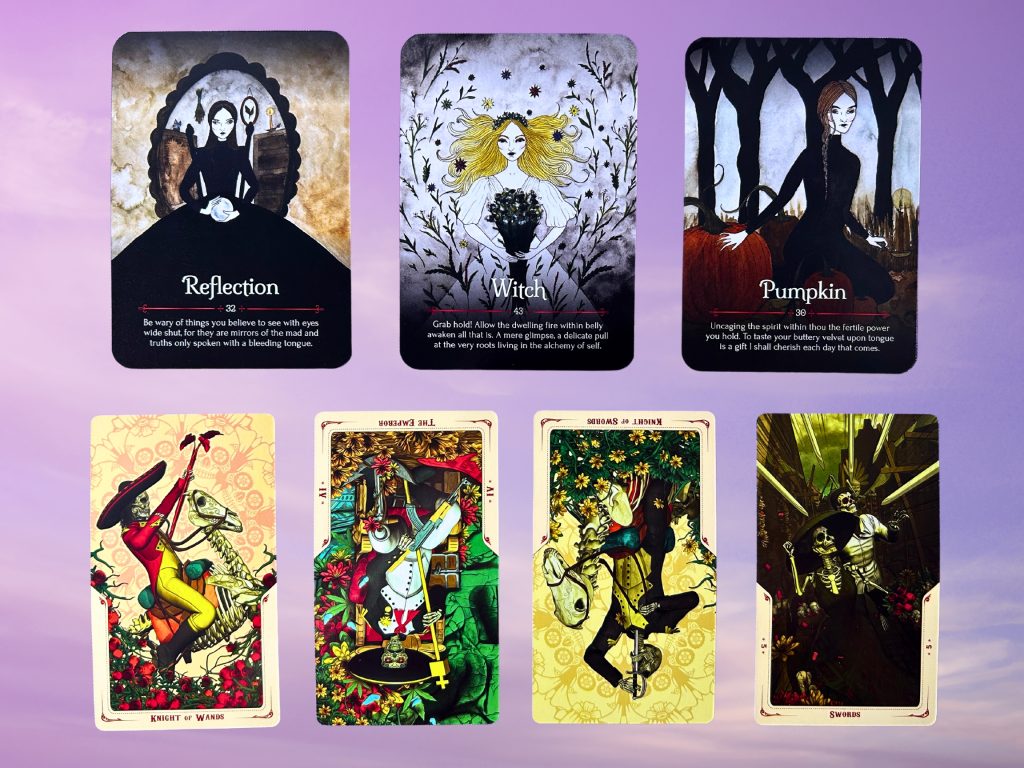 Cards from the Seasons of the Witch: Samhain Oracle and the Santa Muerte Tarot deck