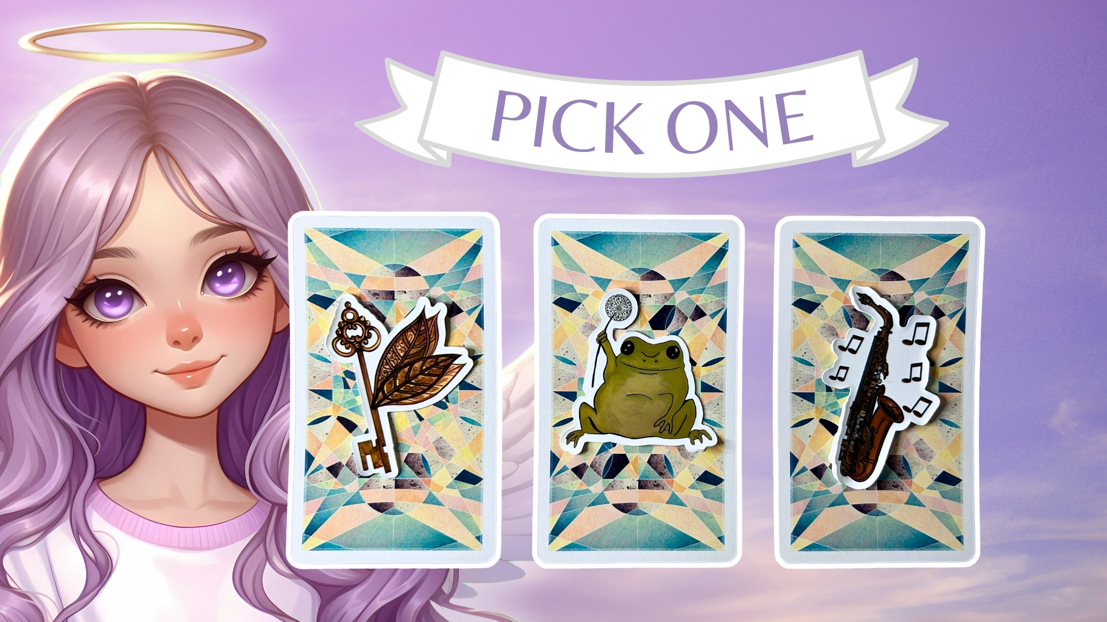 Three tarot pick a card piles: pile 1 - key, pile 2 - frog, and pile 3 - saxophone