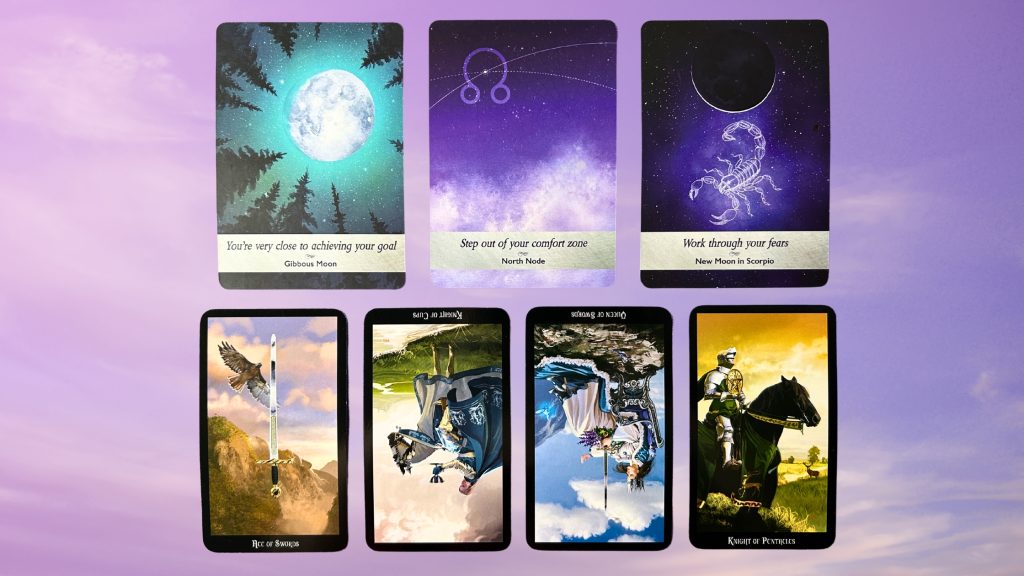 Cards from the Moonology Oracle and Witches Tarot decks