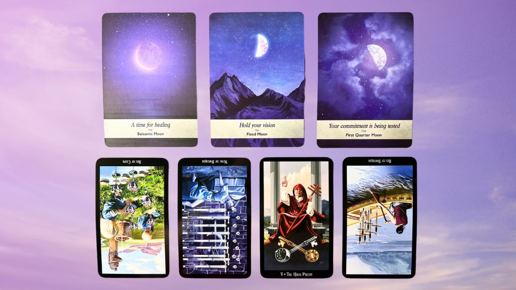 Cards from the Moonology Oracle and Witches Tarot decks