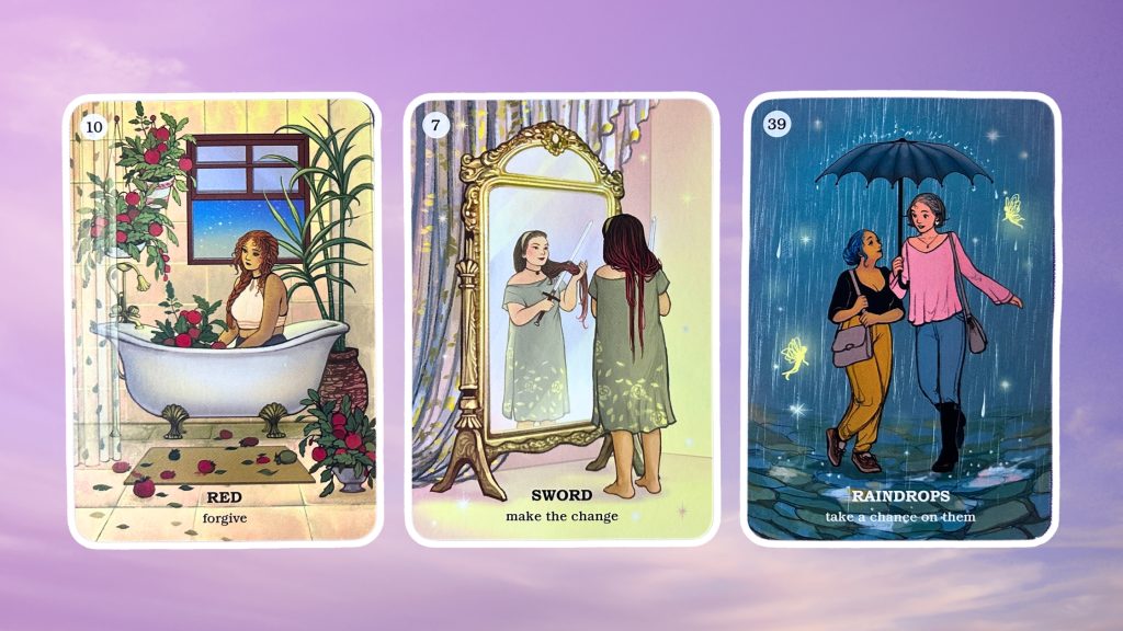 Cards from the Believe in Your Own Magic Oracle: Rose, Sword, and Raindrops