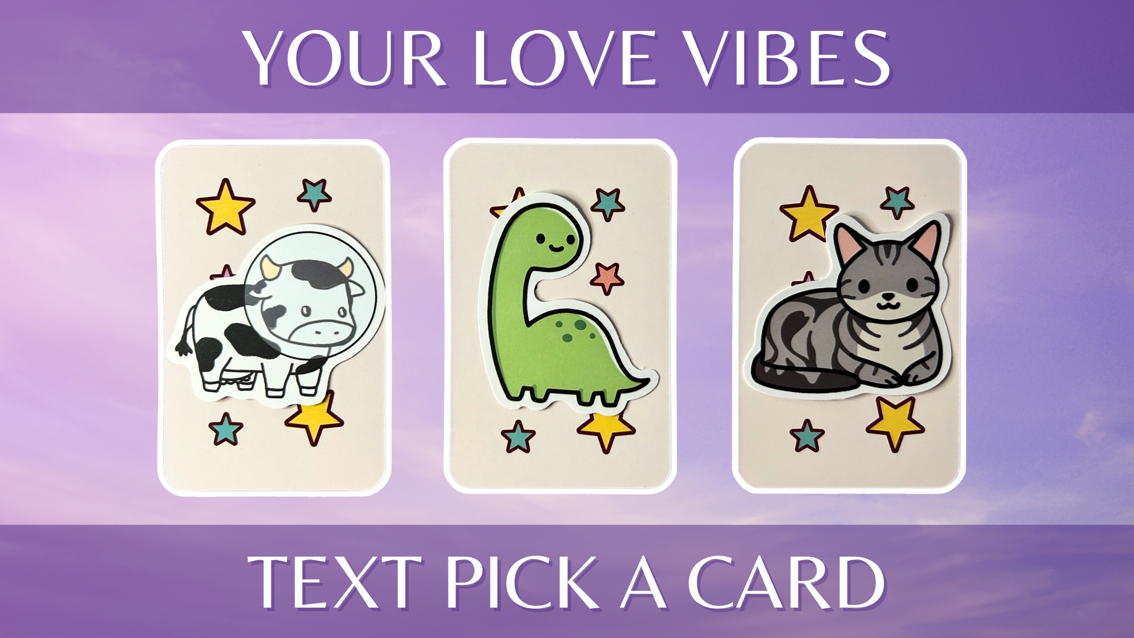 Three tarot pick a card piles: pile 1 - cow, pile 2 - dinosaur, and pile 3 - cat