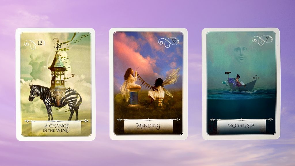 Cards from the Wisdom of the Oracle: A Change in the Wind, Mending, and To the Sea