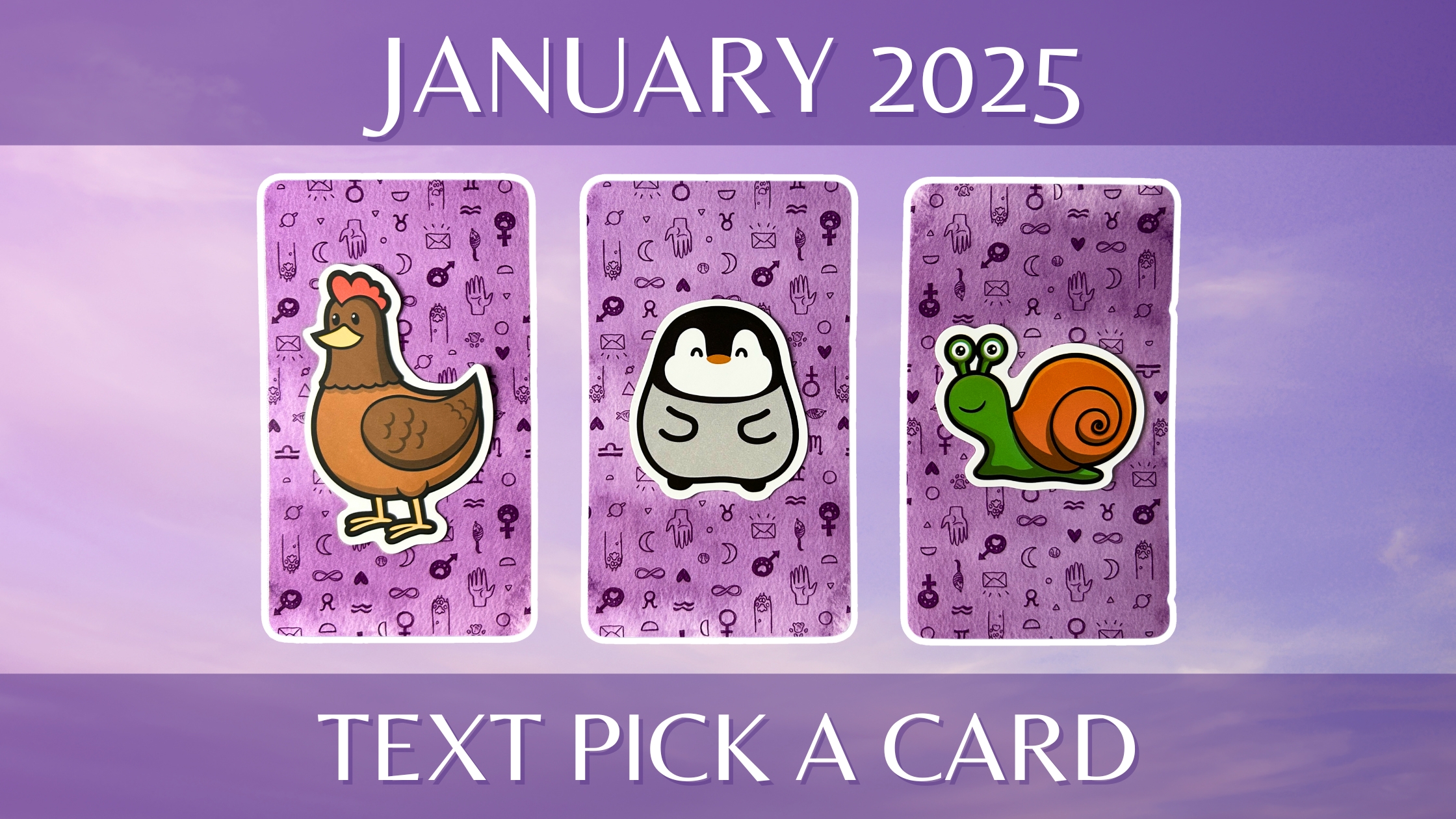 Three tarot and oracle pick a card piles: pile 1 - chicken, pile 2 - penguin, and pile 3 - snail