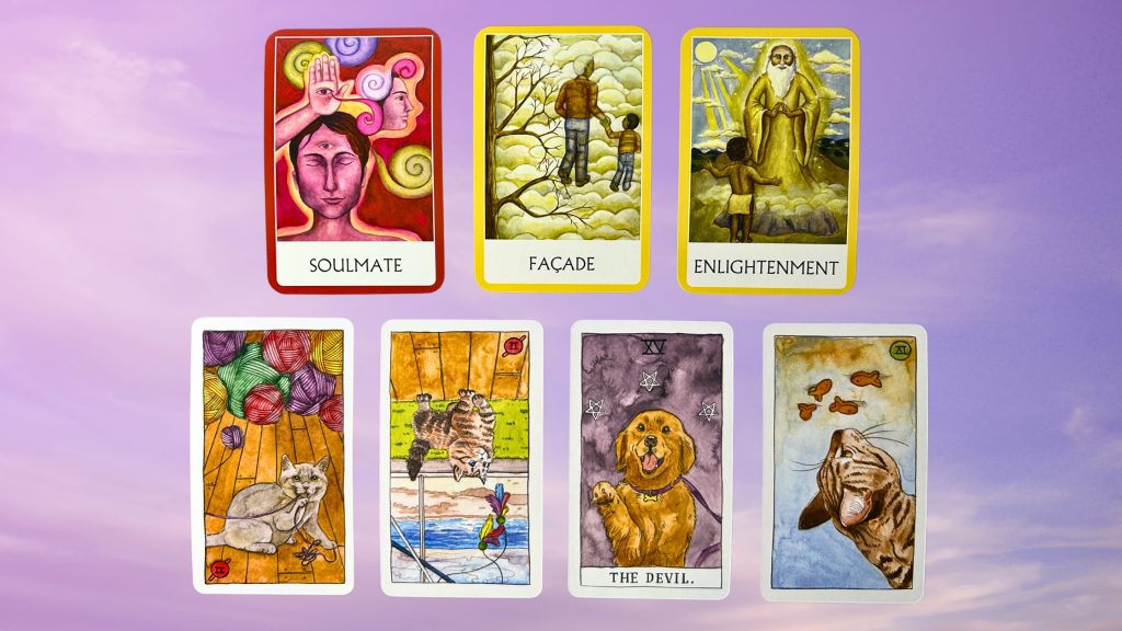 Cards from the Chakra Wisdom Oracle and the Cat Tarot decks