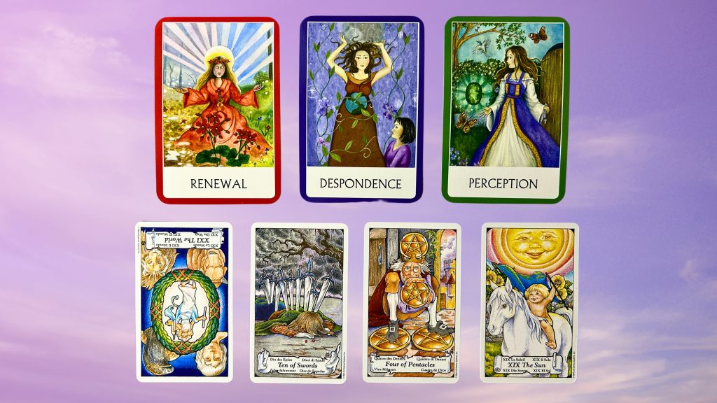 Cards from the Chakra Wisdom Oracle and the Hanson-Roberts Tarot deck