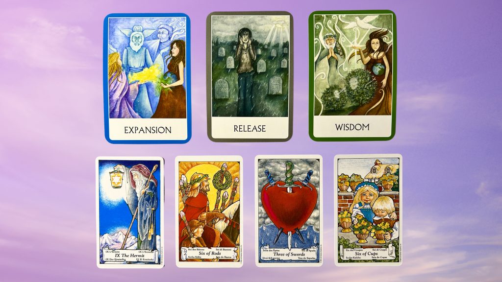 Cards from the Chakra Wisdom Oracle and the Hanson-Roberts Tarot deck