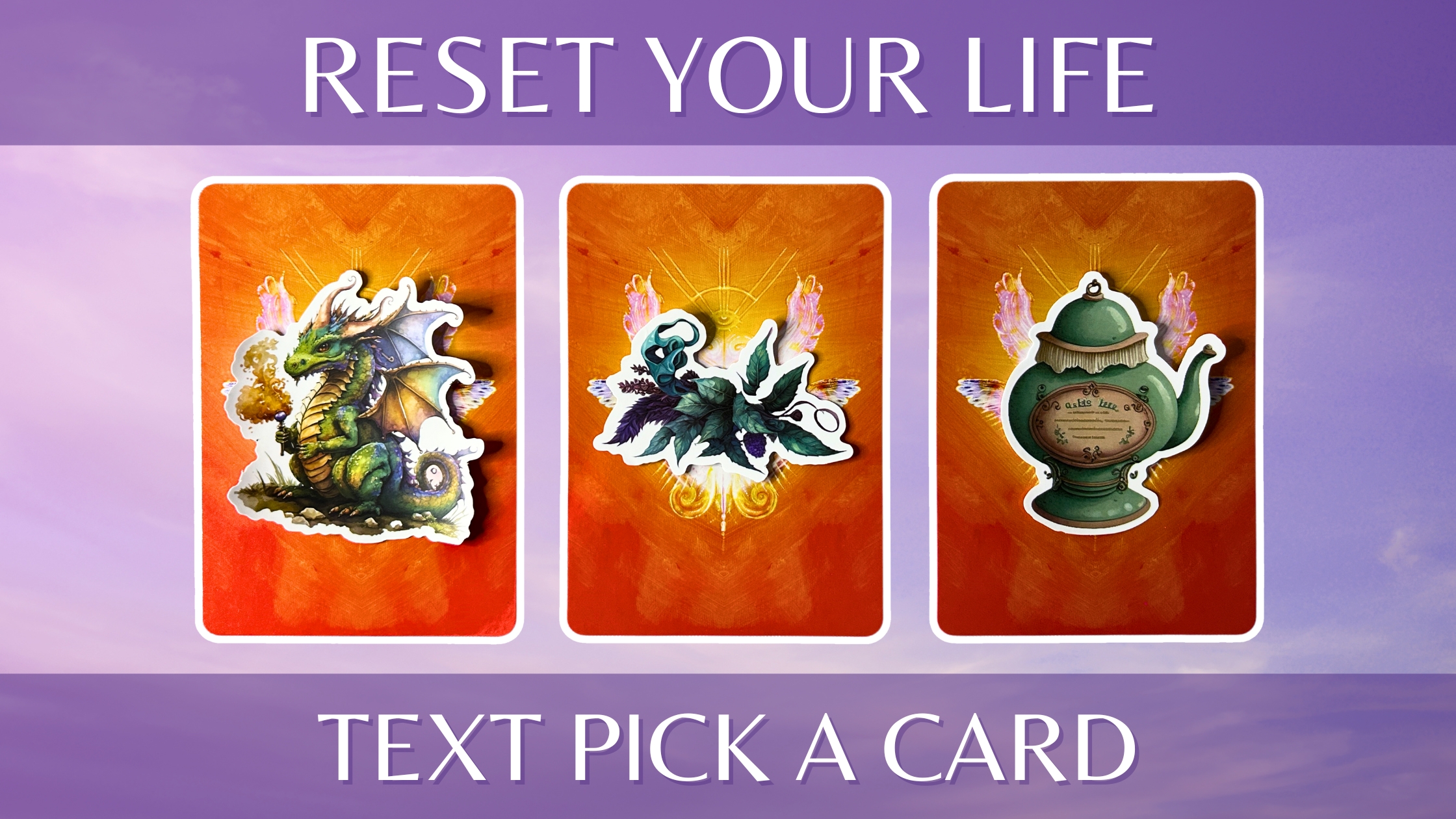 Three oracle pick a card piles: pile 1 - dragon, pile 2 - plant, and pile 3 - tea pot