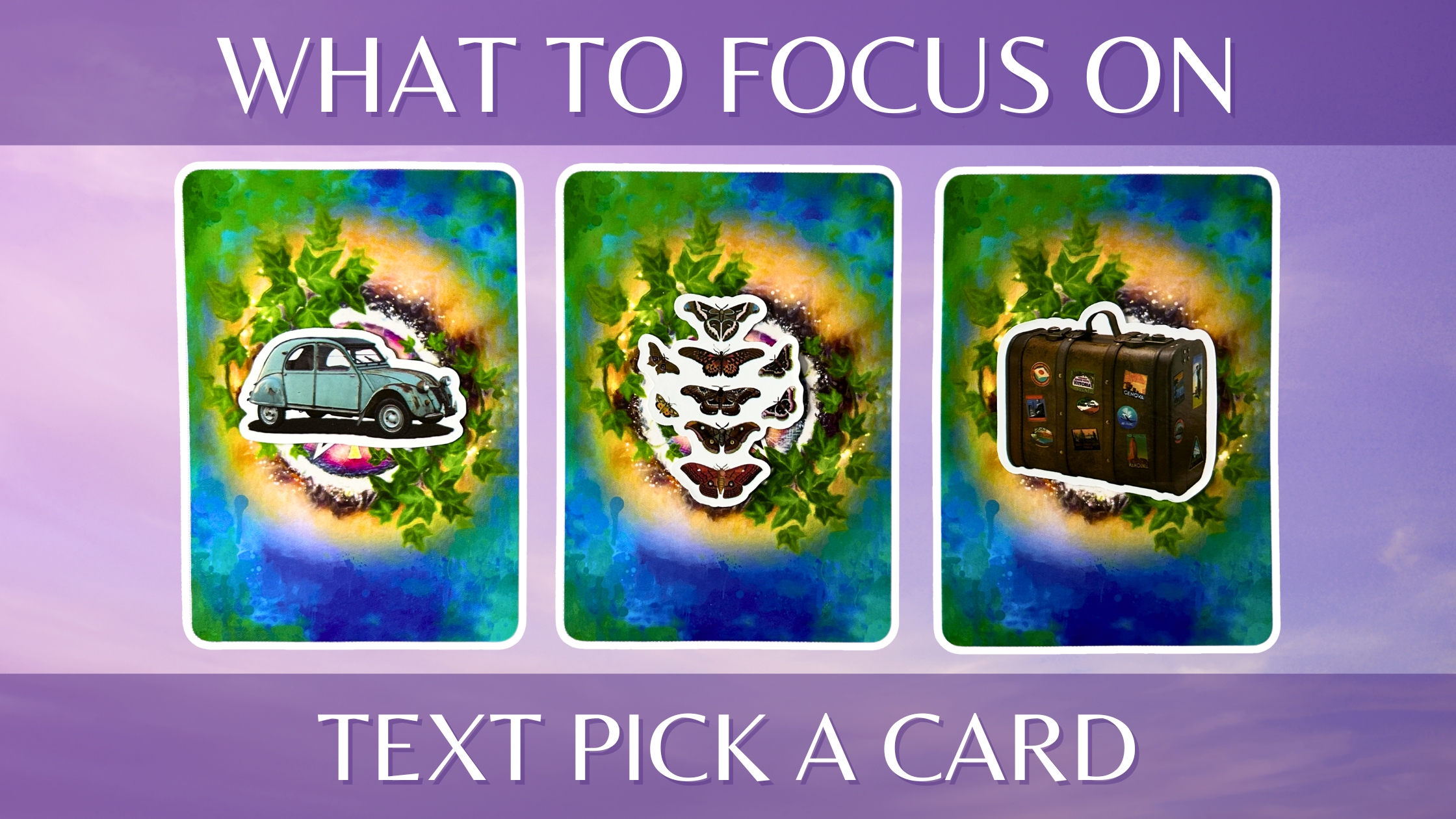 Three oracle pick a card piles: pile 1 - car, pile 2 - butterflies, and pile 3 - suitcase