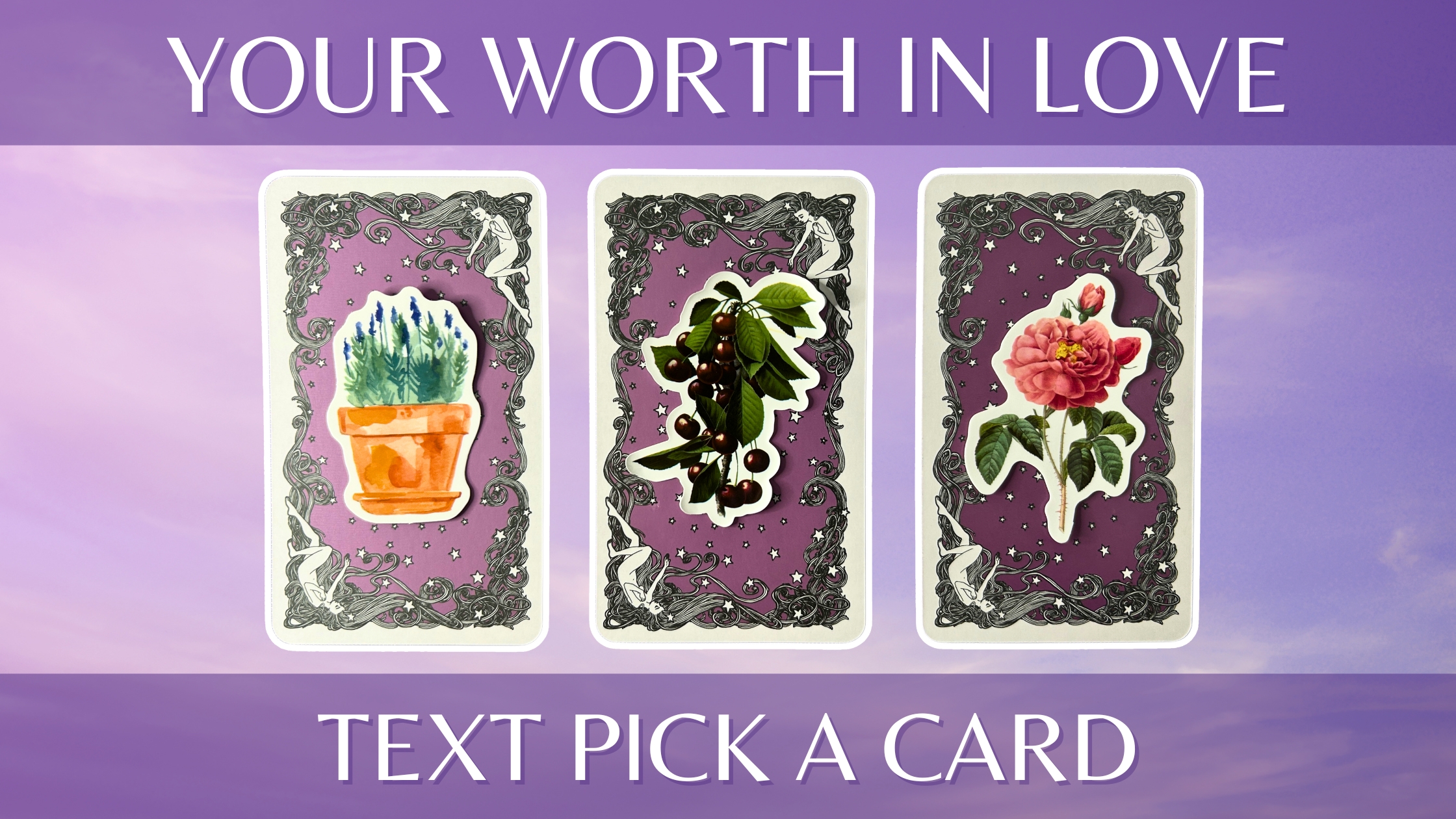 Three tarot pick a card piles: pile 1 - potted plant, pile 2 - dark berries, and pile 3 - pink flower