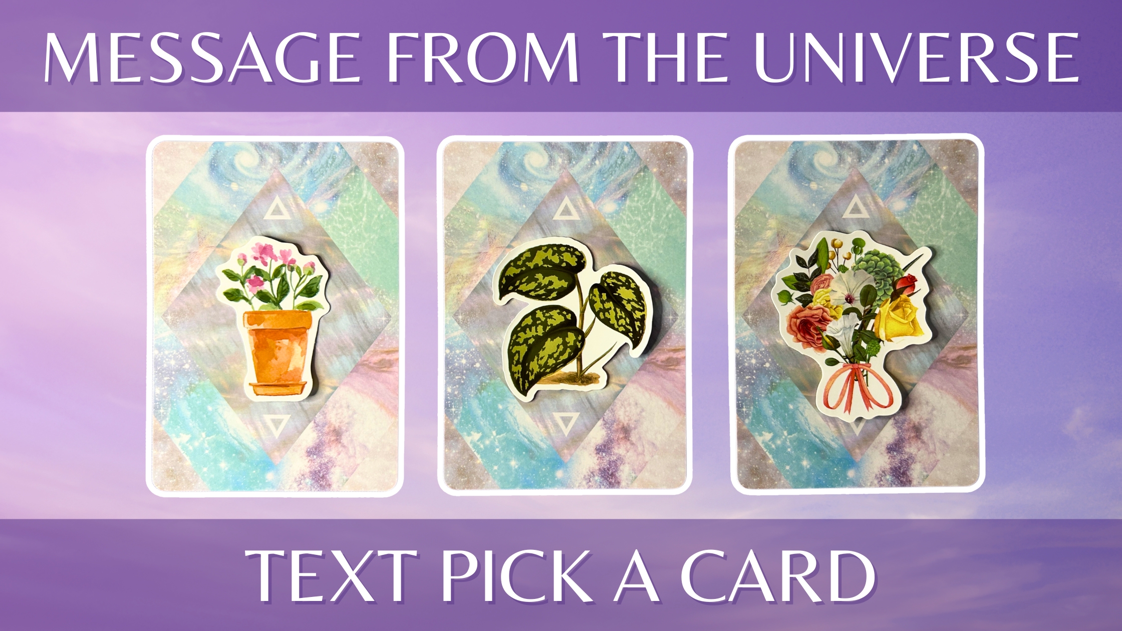 Three oracle pick a card piles: pile 1 - potted flowers, pile 2 - green plant, and pile 3- elegant bouquet