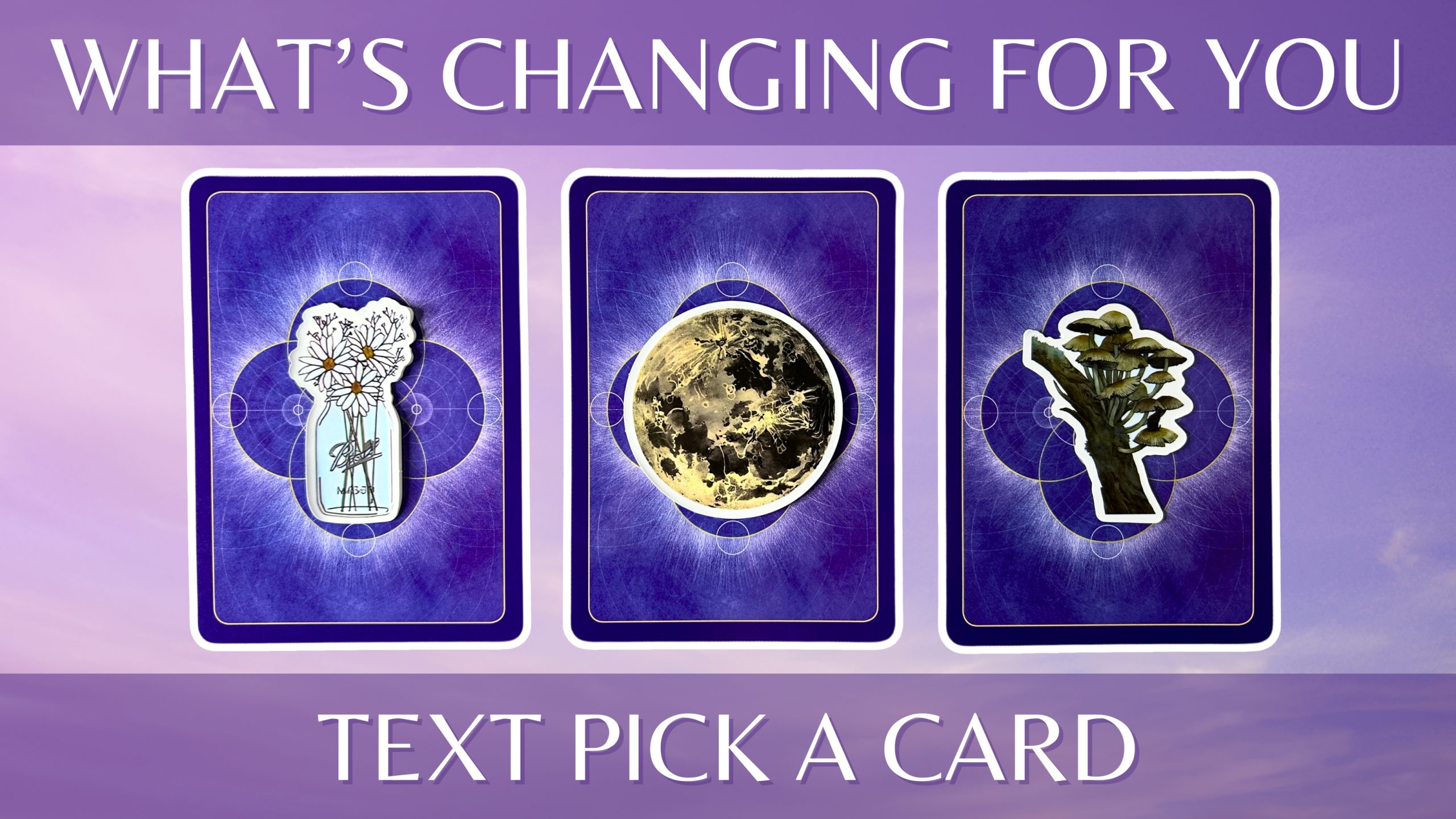 Three oracle pick a card piles: pile 1 - flowers, pile 2 - moon, and pile 3 - mushrooms