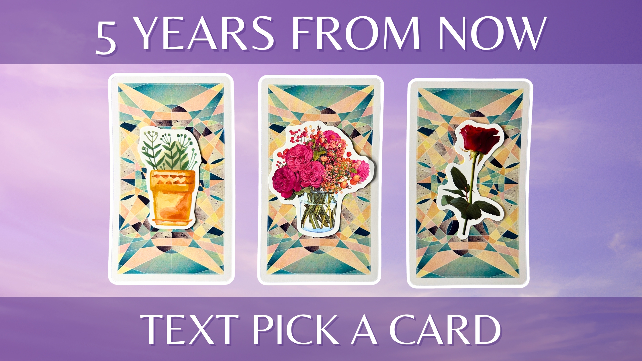 Three tarot pick a card piles: pile 1 - potted plant, pile 2 - beautiful bouquet, and pile 3 - red rose