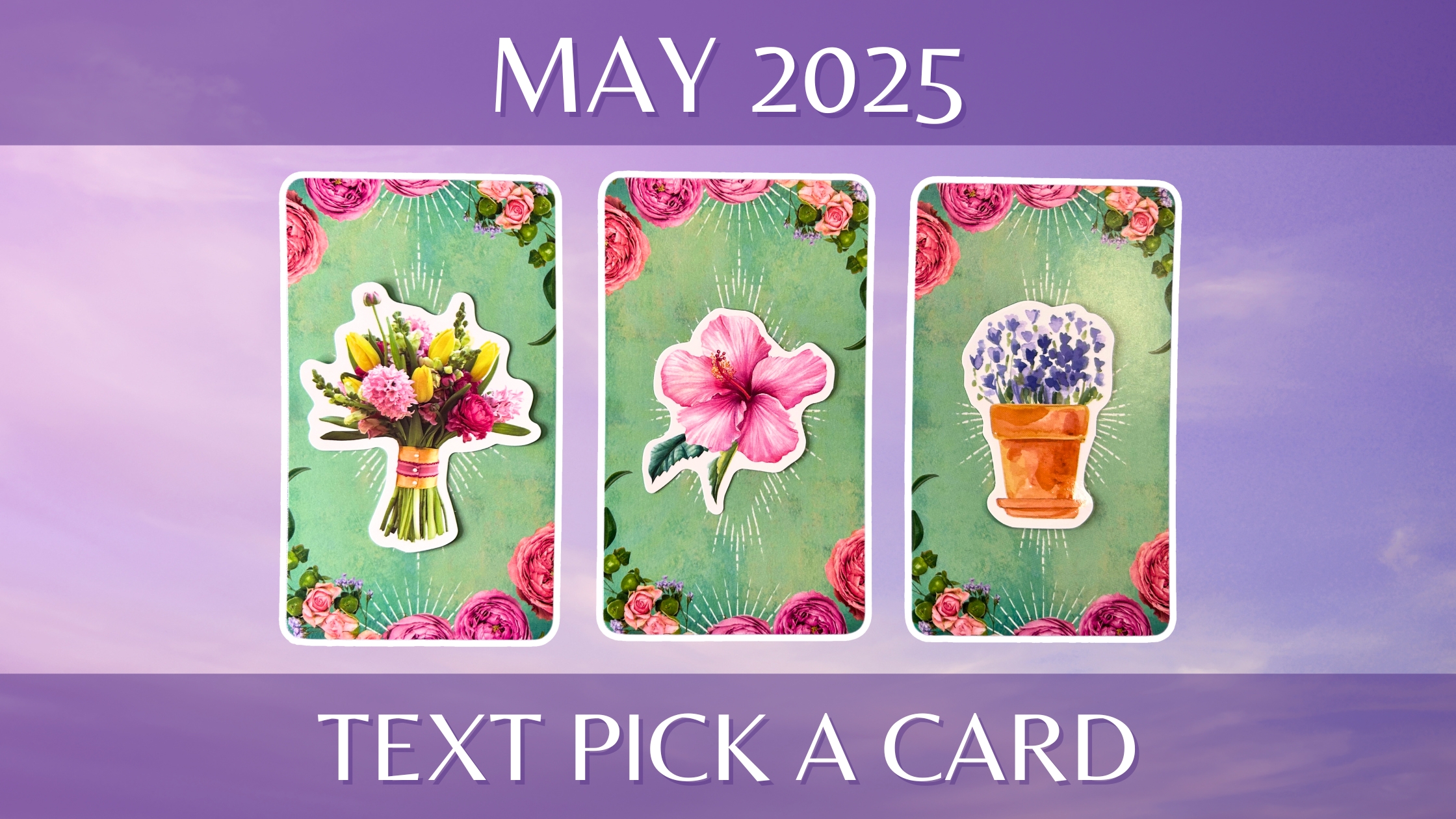Three tarot pick a card piles: pile 1 - colorful bouquet, pile 2 - pink flower, and pile 3 - potted blues