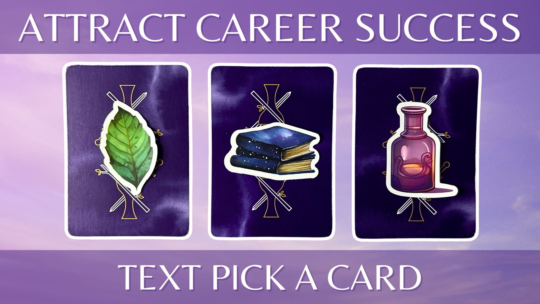 Three tarot pick a card piles: pile 1 - leaf, pile 2 - books, and pile 3 - vial
