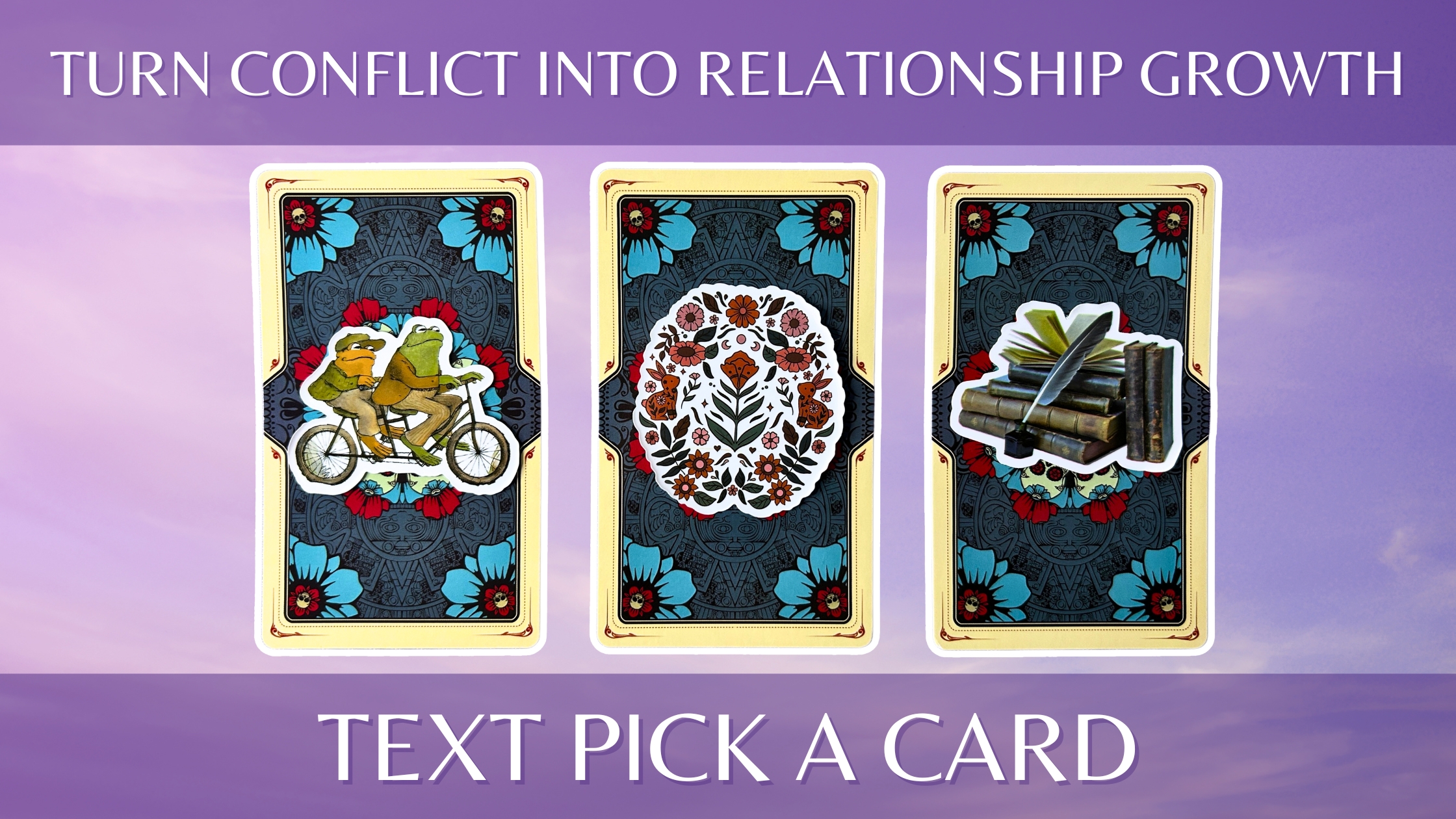 Three tarot pick a card piles: pile 1 - toads, pile 2 - flowers, and pile 3 - books