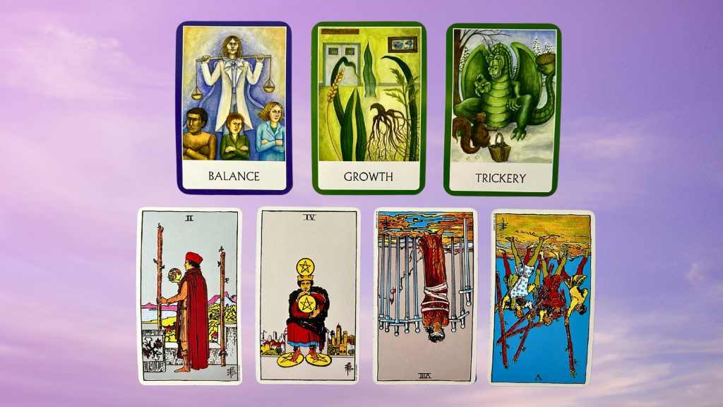 Cards from the Chakra Wisdom Oracle and the Rider-Waite Tarot decks