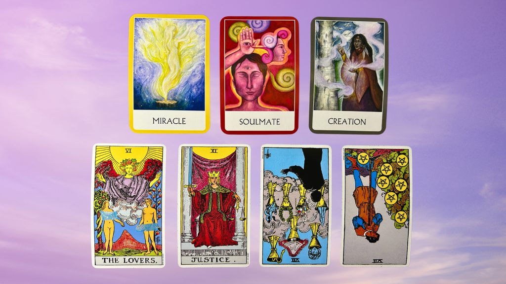 Cards from the Chakra Wisdom Oracle and the Rider-Waite Tarot decks