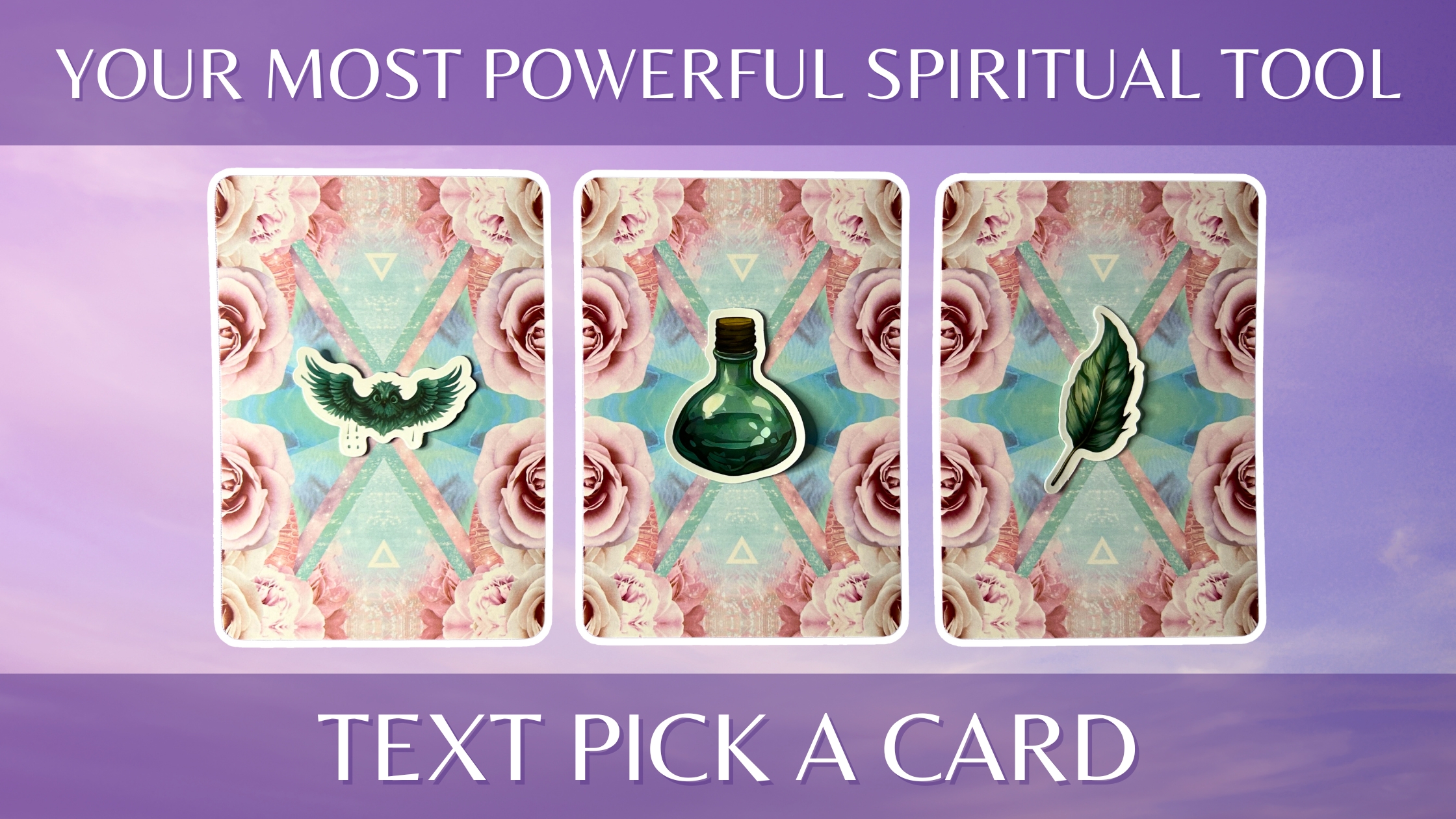 Three oracle pick a card piles: pile 1 - owl, pile 2 - potion, and pile 3 - feather