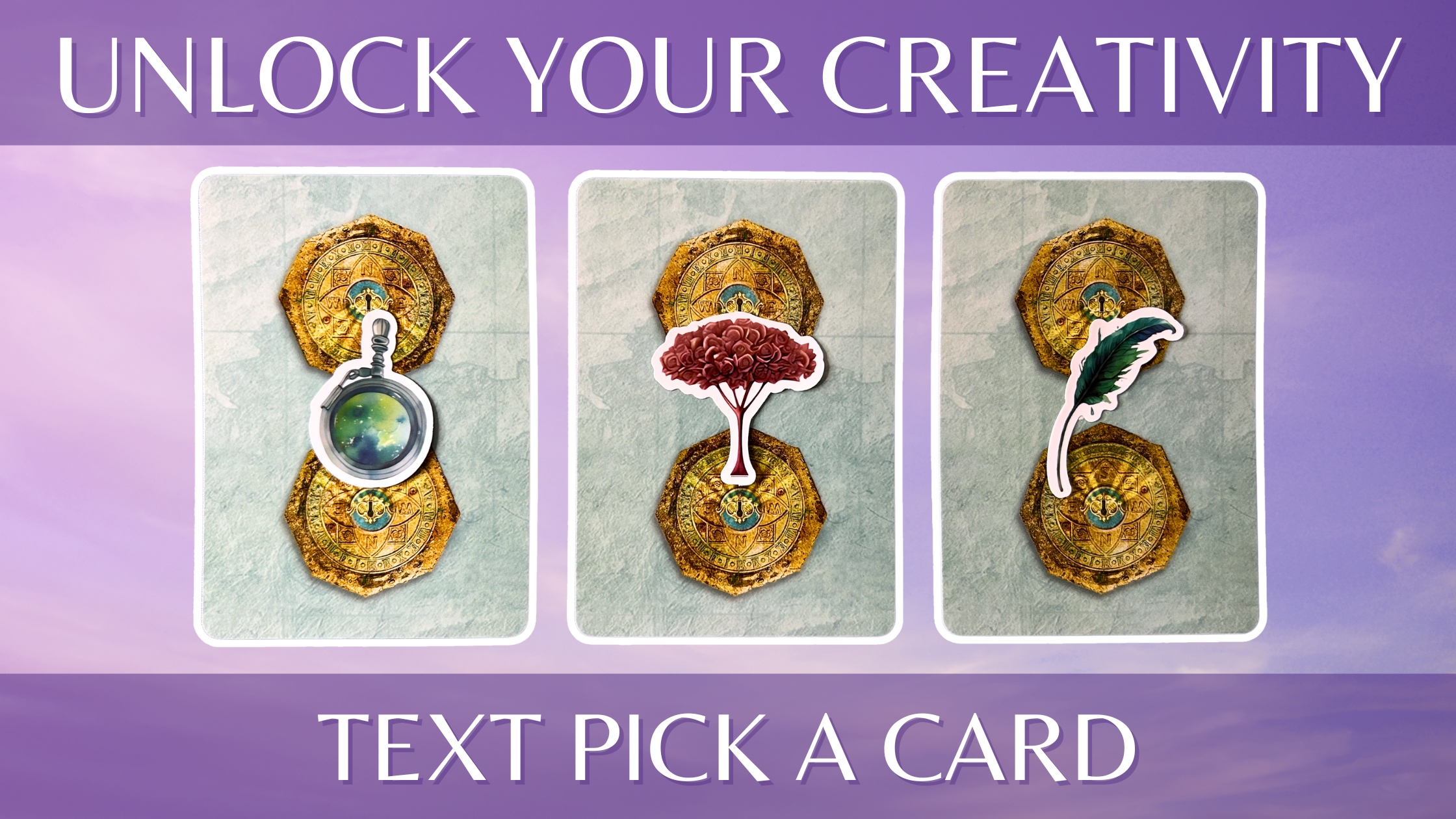 Three oracle pick a card piles: pile 1 - mirror, pile 2 - roses, and pile 3 - feather