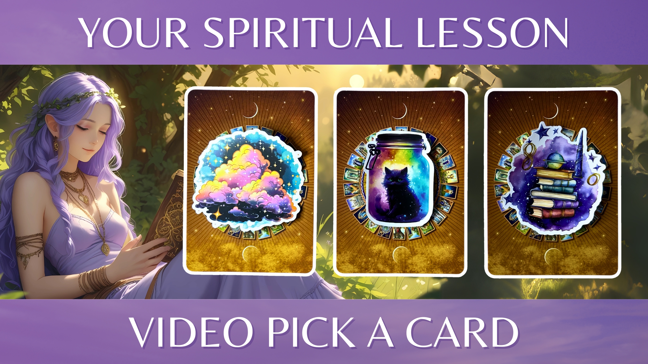 Three tarot pick a card piles: pile 1 - clouds, pile 2 - cat, and pile 3 - books